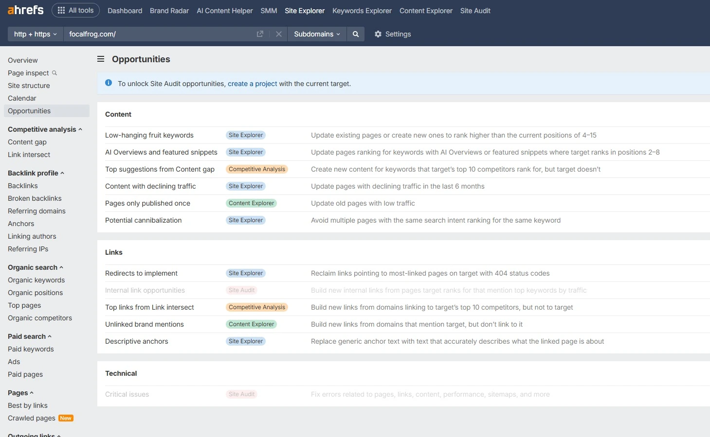 Ahrefs opportunities dashboard: low-hanging fruit, content gap, link intersect