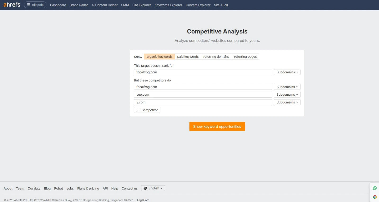 Competitive analysis interface showing overlapping keywords and missing rankings